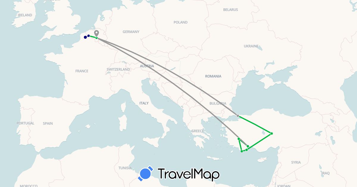 TravelMap itinerary: driving, bus, plane in Belgium, France, Turkey (Asia, Europe)