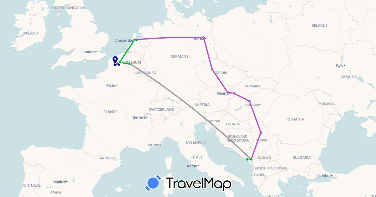TravelMap itinerary: driving, bus, plane, train in Austria, Belgium, Czech Republic, Germany, France, Hungary, Montenegro, Netherlands, Serbia, Slovakia (Europe)